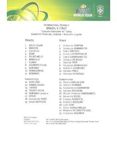 Brazil v Italy official teamsheet 10/02/2009 international friendly match