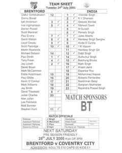 Brentford v India official teamsheet 24/07/2001 Friendly