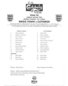 Brigg Town v Clitheroe official teamsheet 15/05/1996 F.A. Carlsberg Vase Final