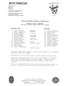 Bristol City v Chelsea Reserves official teamsheet 01/03/1994 Football Combination