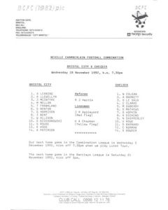 Bristol City v Chelsea Reserves official teamsheet 18/11/1992 Football Combination