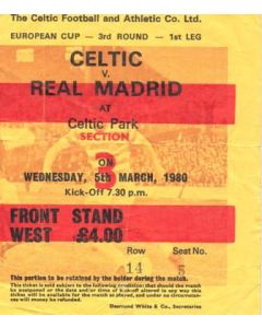 Celtic v Real Madrid ticket 05/03/1980 European Cup