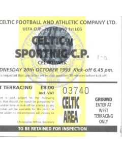 Celtic v Sporting ticket 20/10/1993 UEFA Cup