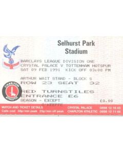 Charlton Athletic v Crystal Palace ticket 09/02/1991