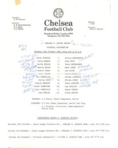 Chelsea v Oxford United Reserves official teamsheet 16/10/1984 Football Combination, with a newspaper cutting
