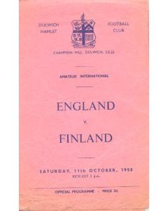 1958 England v Finland official programme 11/10/1958