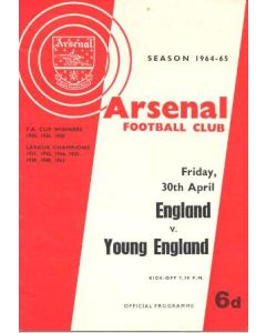 1965 England v Young England official programme 30/04/1965 at Arsenal