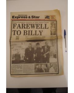 Express & Star newspaper of 12/09/1994 covering Billy Wright, Wolverhampton Wanderers' most famous player, who died aged 70