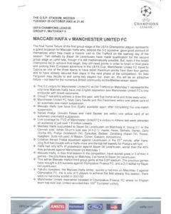 Maccabi Haifa v Manchester United press pack 29/10/2002 Champions League