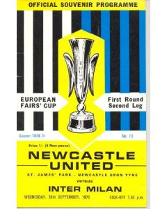 1970 Newcastle United v Inter Milan European Fairs' Cup First Round Second Leg official programme 30/09/1970