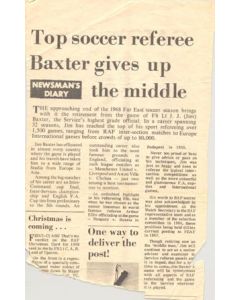 Newspaper cutting - an article about the retirement of referee Jim Baxter in 1968
