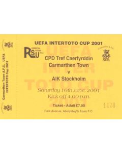 CPD Tref Caerfyrddin Carmarthen Town v AIK Stockholm ticket 16/06/2001
